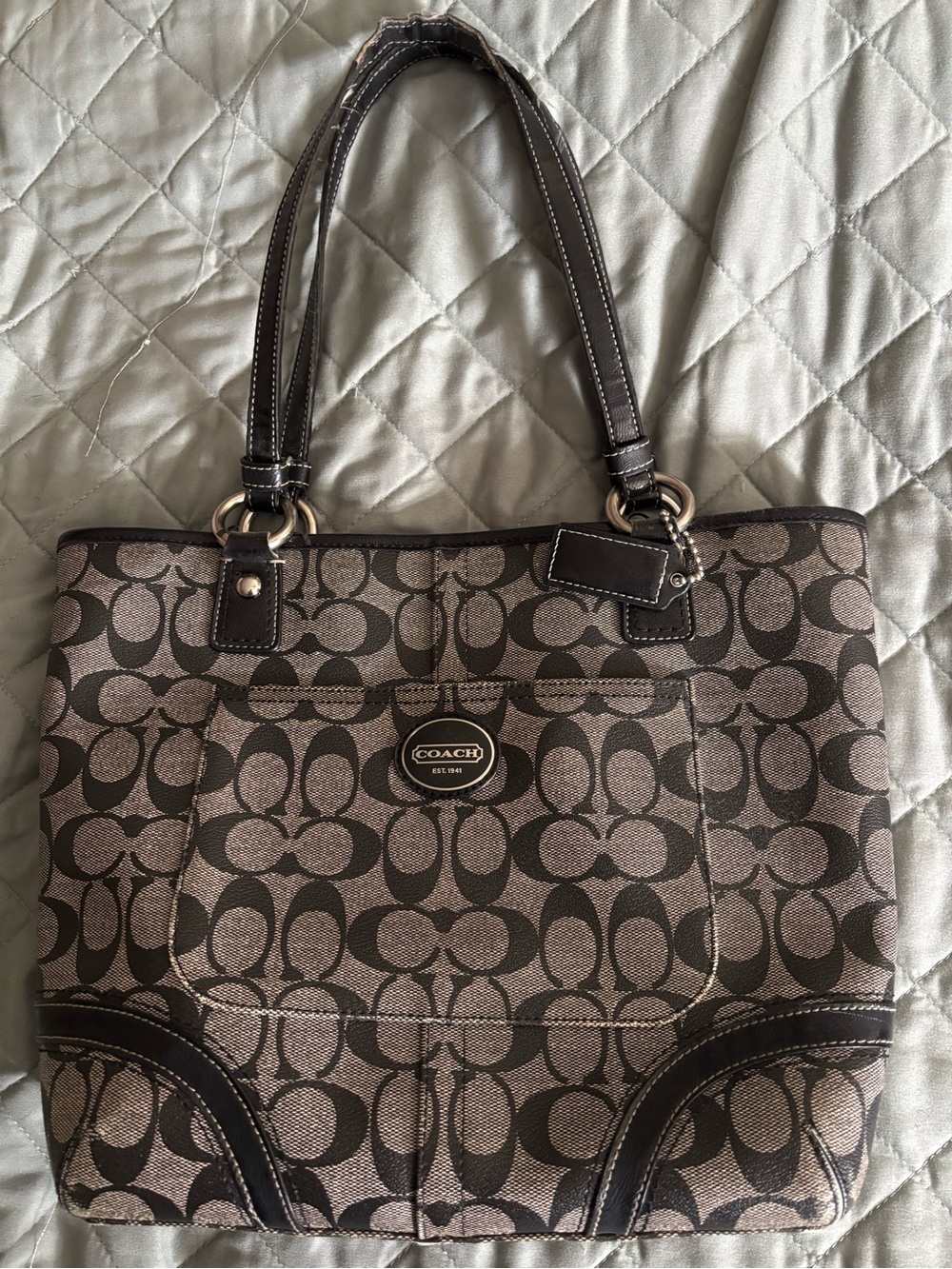 Coach Black and Gray Signature Tote with Dark Black Leather Trim
